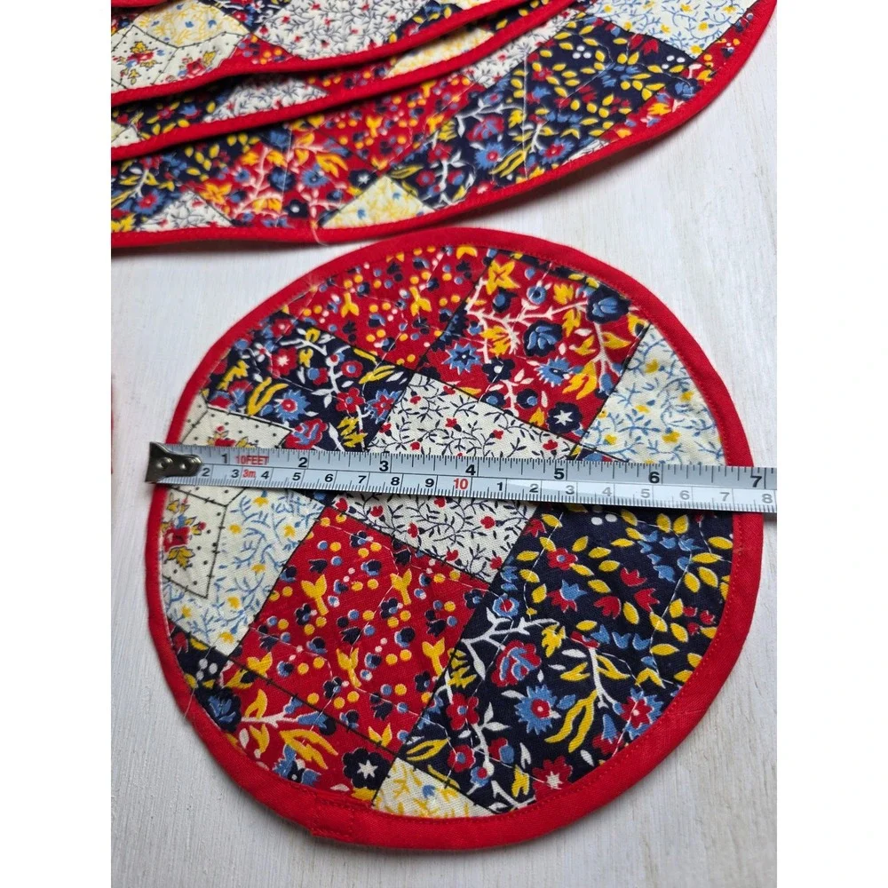 Vintage Handmade Quilted Patchwork Floral Placemats & Trivets Set 7 Red Boho
